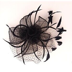 Fascinator Hat /Comb Blk Tulle Feathers Veil O/S Weddings Parties Derby Day